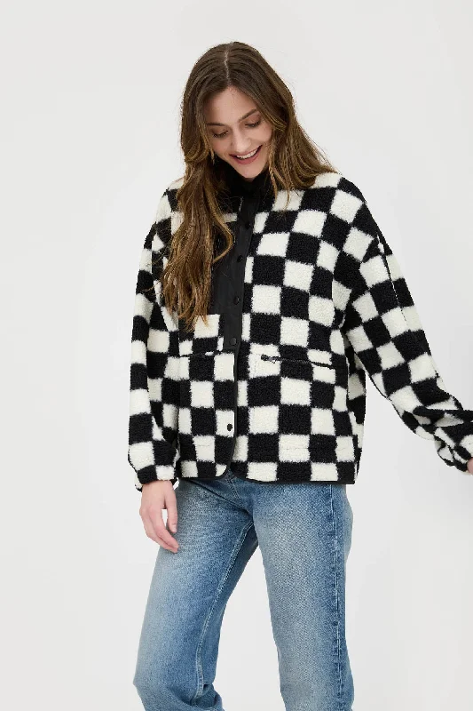 CHECKERED SNAP BUTTON FLEECE JACKET