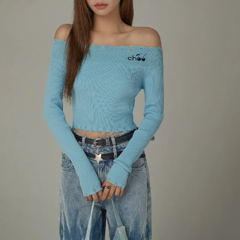 Cherry Off Shoulder Distressed Hem Knit Sweater