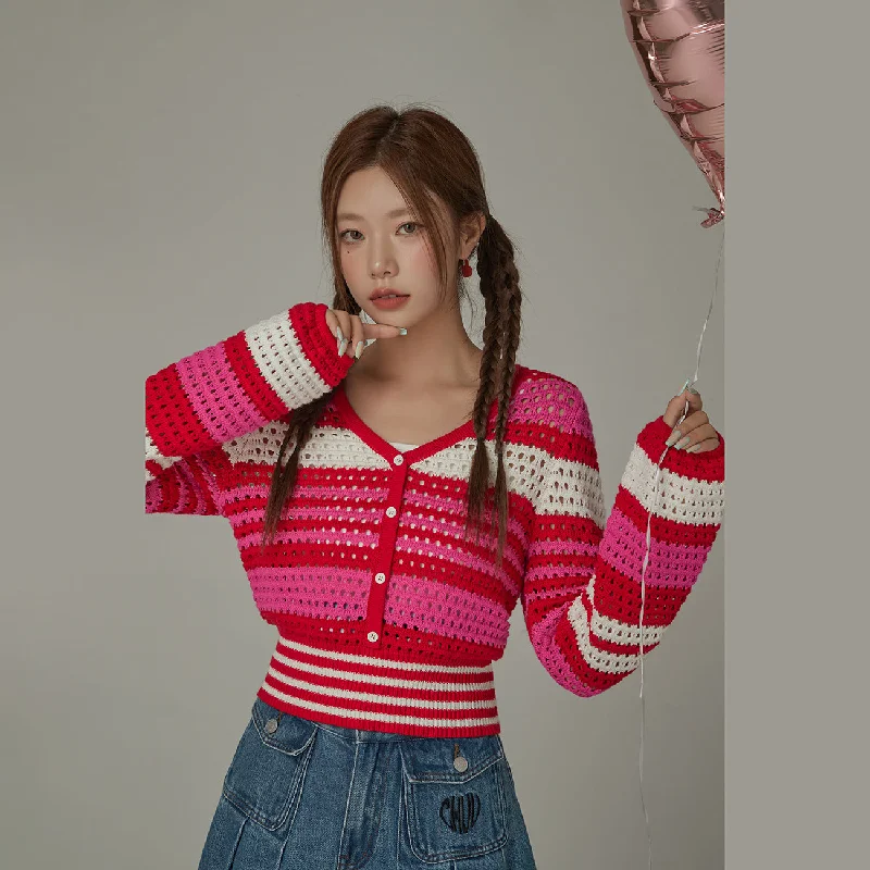 Button Stripe Color Knit Sweater