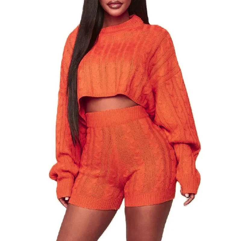 Knit Shorts | Homebody Cableknit Sweater Women's Lounging Shorts Hot Carrot