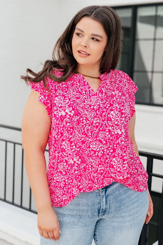 Hazel Blues® |  Lizzy Flutter Sleeve Top in Hot Pink and White Floral