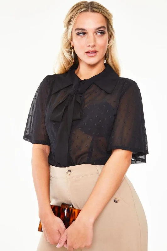 Pussy Bow Top With Flutter Sleeves