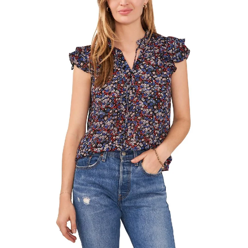 Petites Womens Floral Flutter Sleeve Blouse