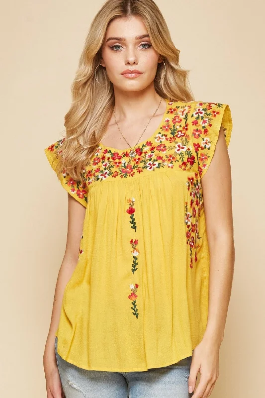 Flutter Sleeve Embroidered Top, Lemon