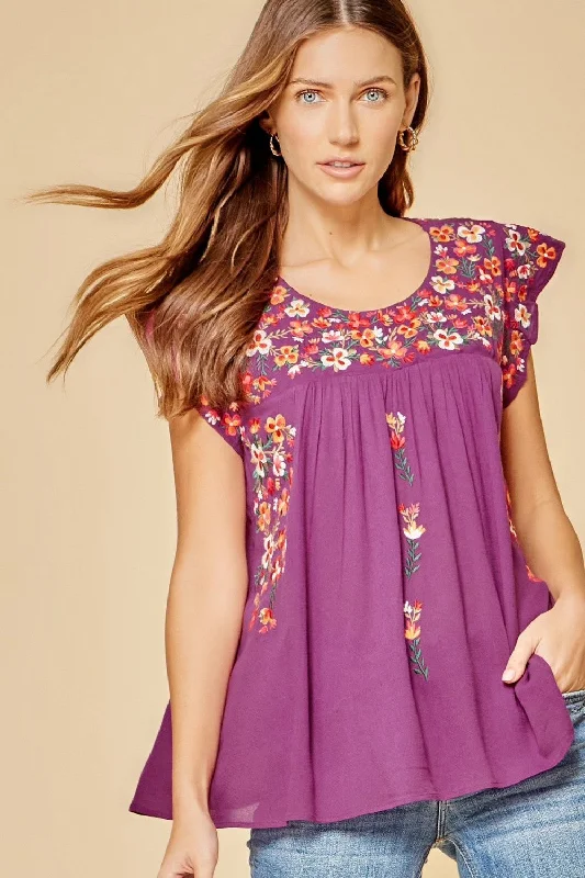 Flutter Sleeve Embroidered Top, Magenta