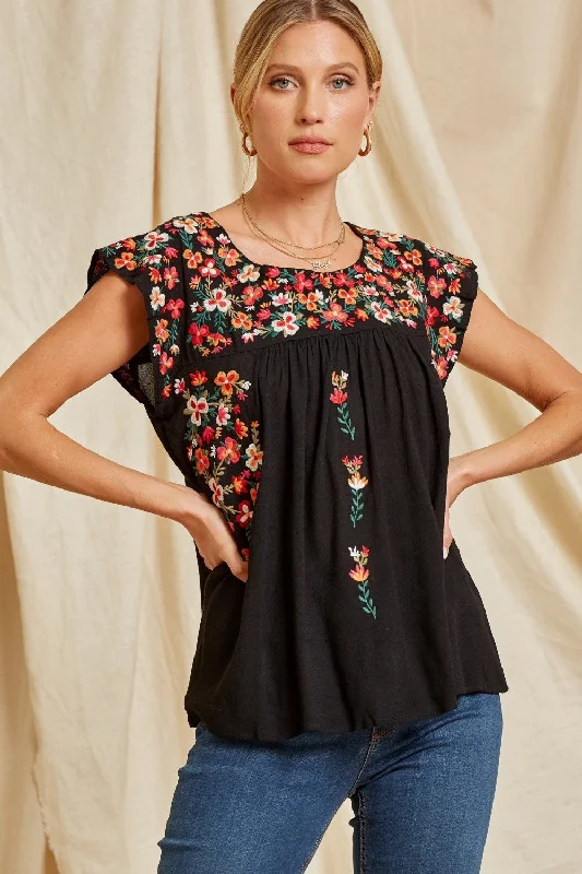 Flutter Sleeve Embroidered Top, Black