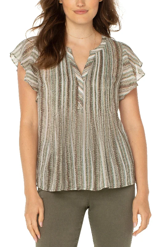 Liverpool Flutter Sleeve Popover Blouse With Pin Tuck In Animal Multi Stripe Print