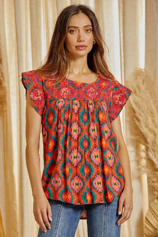 Savanna Jane Multi Colored Aztec Embroidered Flutter Sleeve Top