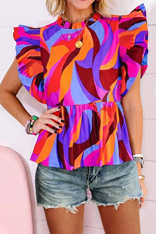 Orange Multicolor Abstract Flutter Sleeve Blouse