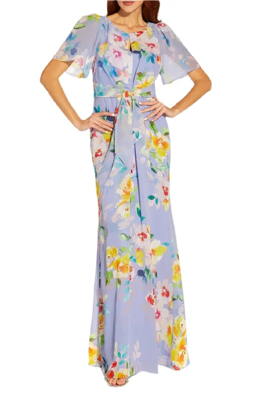 Adrianna Papell Boat Neck Short Flutter Sleeves Back Zipper Floral Chiffon Gown